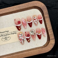 Wear Nails [Red Christmas] Red Velvet Snowflake Christmas Blush French Manicure Handmade Wear Nails