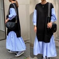 XL-5XL Large Size Dress Women Autumn Long-Sleeved Women's Clothing Round Neck Knitted Stitching Stri