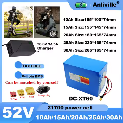 52V 10Ah 15Ah 20Ah 25Ah 30Ah 21700 Lithium Battery Pack, 60A Continuous 90A Peak, 30A BMS High Power