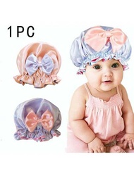 1入兒童蝴蝶結浴帽，雙層緞子，嬰兒防塵睡眠帽