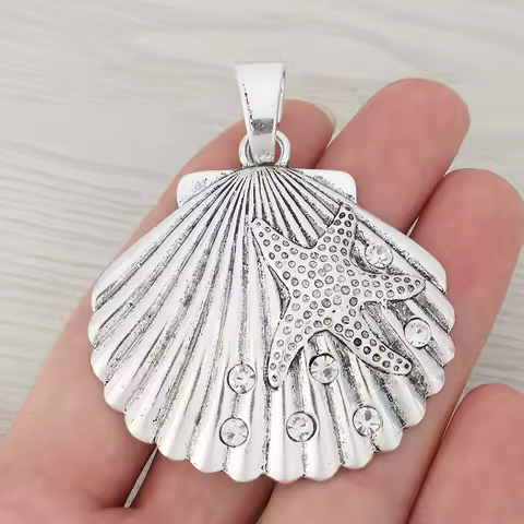 3 x Silver Color Large Rhinestone Scallop Shell Starfish Charm Pendant For Necklace Jewelry Making F