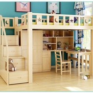 {Sg Sales} Double Decker Bed Frame Double Bed Loft Bed High Low Bed Table Solid Wood  Bed Children Multi-Functional Combined Bed Height-Adjustable Bed with Desk Wardrobe Adult
