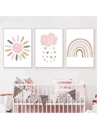 3入組無框孩子帆布印花粉色的卡通雲朵太陽彩虹掛畫繪畫海報北歐風牆上圖片適用於嬰兒兒童房間裝飾邊框