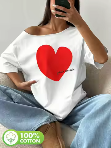 Plus Size Large Red Watercolor Heart Graphic Tee with Pour Aimer Text, Soft Handcrafted Feel, Y2K Ov