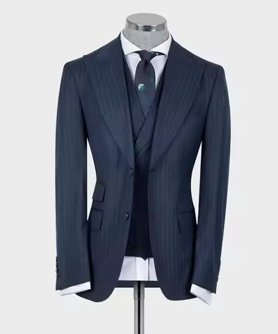 Customized Navy Blue Stripe Full Men's Suit 3PCS Blazer Vest Pants Business Wear Formal Wedding Part