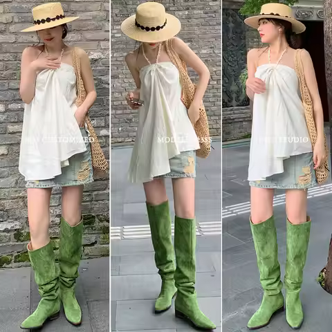 MKKHOU Fashion Knee Length Women Boots New High Quality Frosted Leather Pointed Pleated Low Heel Lon