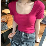 D0801 Girls' Positive Shoulder Short-Sleeved Summer Niche Design Sense Slim-Fit Slimmer Look Threade