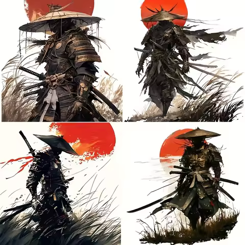 4-in-1 Samurai Warrior Vinyl Stickers, Traditional Japanese Dual Swords Design, Scratch-Resistant De