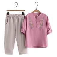 【มีไซส์ใหญ่】Plus Size Womens XL-4XL 2 Pieces Cotton&Linen Summer Sets Short Sleeve Top + Elastic Wai