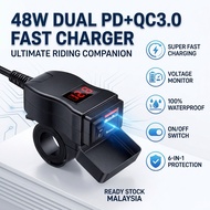 Waterproof Motorcycle USB Charger Dual Port Type-C Fast Charging Adapter with Digital LED Voltmeter 