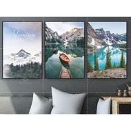 Set of 3 Decorative Wall Paintings of Rivers, Forests, Mountains, Rivers, Waters, Boats, Beautiful L