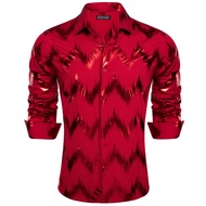 Barry.Wang Mens Dress Shirts Luxury Paisley Shiny Long Sleeved Satin Gold Jacquard Shirt Fashion Wed