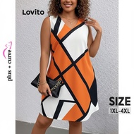 (Trendy2) Lovito Plus Size Curve Dress Casual Geometric Basic Dress for Women LBL15513 (Multi-color)