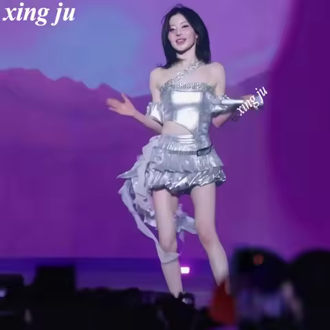 Kpop Singer Stage Silver Rhinestone Sling Tops Irregular Short Skirt Korean Concert Performance Outf