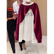 [Plus Size] (40-150kg)胖mm300斤大码叠穿卫衣女秋季不对称设计感披肩长袖上衣两件套装 bigsize Oversize Large