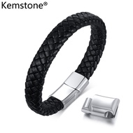 Kemstone Stainless Steel Genuine Leather Black Bangle Men's Bracelet Jewelry
