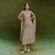 MAVEN - Stylized layered beige halter Dress with scarf Christine Beige Dress