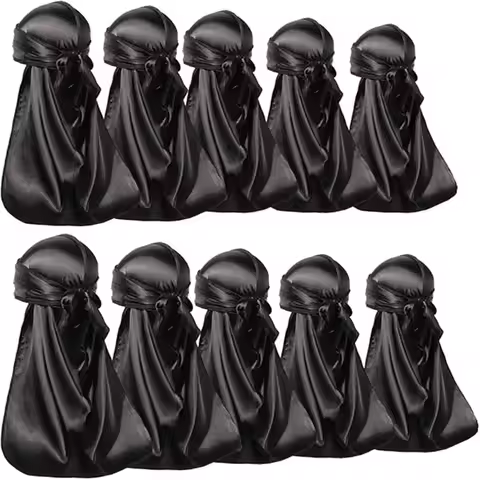 10pcs/set Men Silky Satin Durag 10 Pack Long Tail Wave Caps Soft Headwraps Durags For Dreadlocks Bra