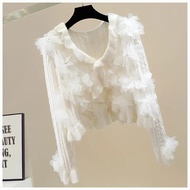[40-77kg] Sweet Design Heavy Industry Diamond-Studded Three-Dimensional Flower Decoration V-Neck New