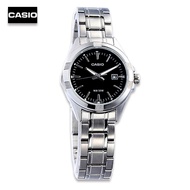 Velashop นาฬิกาข้อมือผู้หญิงคาสิโอ Casio สายสแตนเลสสีเงิน หน้าปัดดำ รุ่น LTP-1308D-1AVDF, LTP-1308D-1A, LTP-1308D