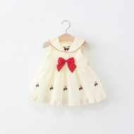 New Summer Children's Dress with Cherry Flower Embroidery Navy Collar Girls' Princess Dress Bow Slee