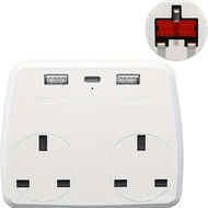 Double Plug Extension With 2 USB Ports And 1 USB C, Multi Plug Extension Socket With 2 Way Plugs, 13A UK 3 Pin Socket Extension, For Travel, Home And Office