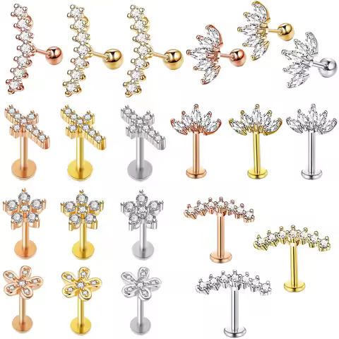Crystal Flower Tragus Piercing Earring Flat 16G Cross Cartilage Piercing Stud Helix Jewelry Conch Ro