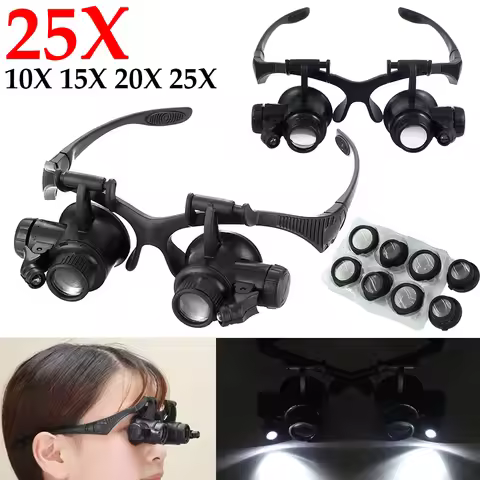Magnifying Glass With LED Light 10X/15X/20X/25X Jeweler Watchmaker Telescopic Headband Magnifier Gla