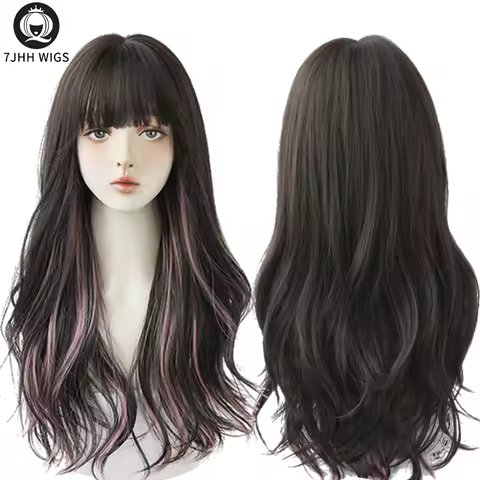 7JHH WIGS Long Wavy Curly Black Blonde Wig for Women Natural Highlight Synthetic Blend Wigs with Ban