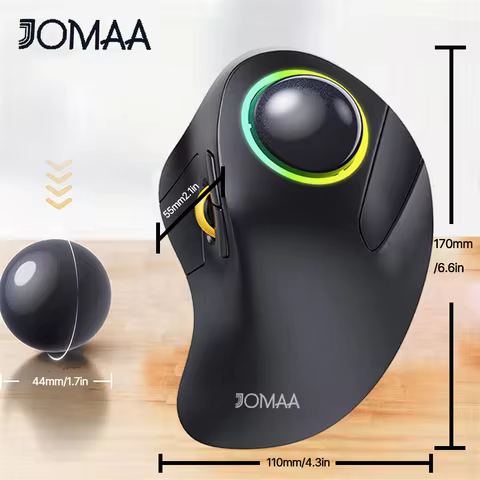 Jomaa RGB Backlit Trackball Mouse Control for Gaming Bluetooth Right Hand Vertical Trackball Mouse f
