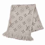 成色極佳 ◇LOUIS VUITTON413287 羊毛絲質流蘇圍巾 Logomania 灰褐色 義大利製造 女士正品