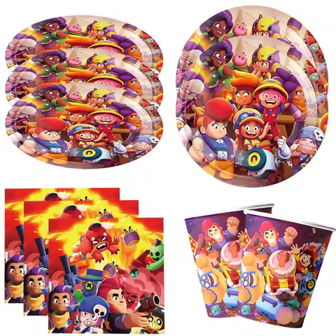 Kids Birthday Party Supplies Tableware Cups Plates Napkins Tablecloths Banners Gift Bags Brawl Stars