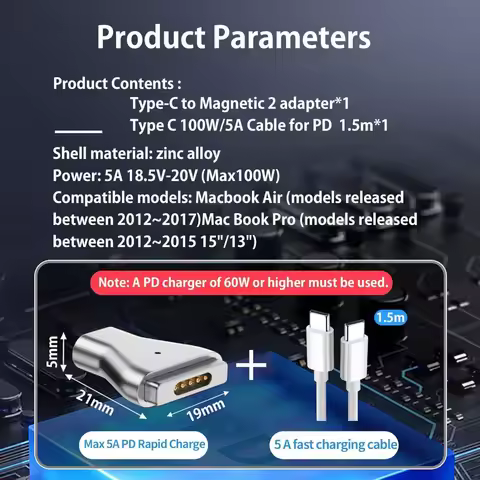 Magnetic USB C Type-C to MagSafe 2 T-Head PD 100W Power Adapter Fast Charging Converter for 2013-201