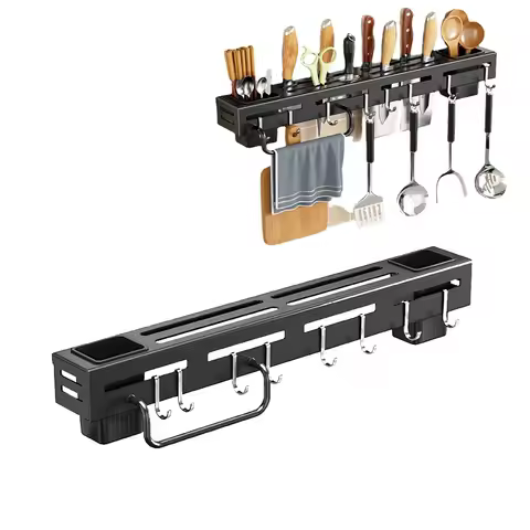 Utensil Hanging Rack Stainless Steel Storage Rack Cookware Cutlery Holder Wall Shelf with Hooks for 