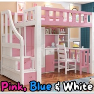 Children Wood Loft Bed Room Set Study Desk Table Wardrobe Stair Cabinet Set White Pink Loft Bed Kati