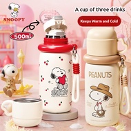 Pipjoy Cute Snoopy Double Drinking Water Bottle with Straw 500ML/17oz Leakproof Vacuum Flask Sus316 