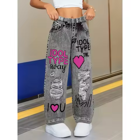 2025Girls' Y2K Ripped Wide-Leg Faux Jeans - IDOL TYPE Graphic Print Ripped Faux Jeans Street Style C