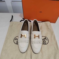 閒置新愛馬仕HERMES 康康扣白流蘇法式復古樂福鞋