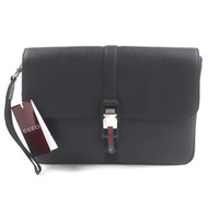 全新未使用 GUCCI 816755 黑色織帶皮革翻蓋商務公事包/手拿包，附防塵袋，義大利製，男款