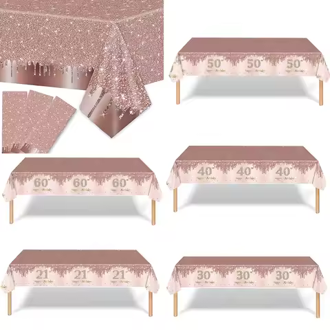 1pc Glitter Rose Gold Disposable Party Tablecloth Rectangle Table Cover For 21 30 40 50 60 Years old