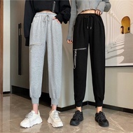 【绮丽妆颜饰界旗舰店pbojez5hb1.my】 现货长裤女学生高腰拉链破洞休闲裤女宽松束脚哈伦裤灰色运动裤Students' high waist zipper perforated casual 