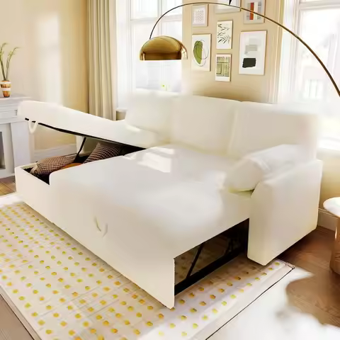 2-in-1 White Sherpa Pull-Out Couch Bed with Storage Chaise for Living Room, 84x59x39 inches