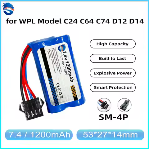 Skymaker 2S Li-Ion Battery 7.4V 1200mAh 10C SM4P Plug Rechargeable for WPL Model C24-1 C34 C54 C64 C