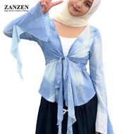 ZANEN Women's V-neck Blouse Glamorous Contrast Muslimah Tie Dye Gradient Ribbon Long Sleeve Mesh Fro