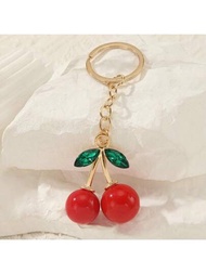 1個浪漫櫻桃造型鋅合金鑰匙扣,綠寶石和紅櫻桃水果吊飾,時尚的鑰匙掛件,適用於包包,是節日或日常使用的完美禮物