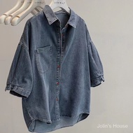 J148🙂🙂Denim Shirt Women's Blue Polo Collar Shirt Loose Casual Short-Sleeved Denim Shirt [High Qualit