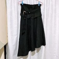 日牌pumpkin port 斯文型格高腰 黑色絨面不規則半身長裙