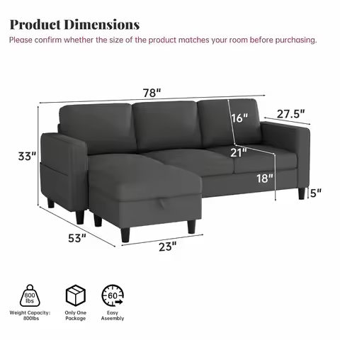 Modern L‑Shaped Sectional Sofa,3‑Seater,Foam Cushion,Square Legs & Ottoman & Storage,for Living Room