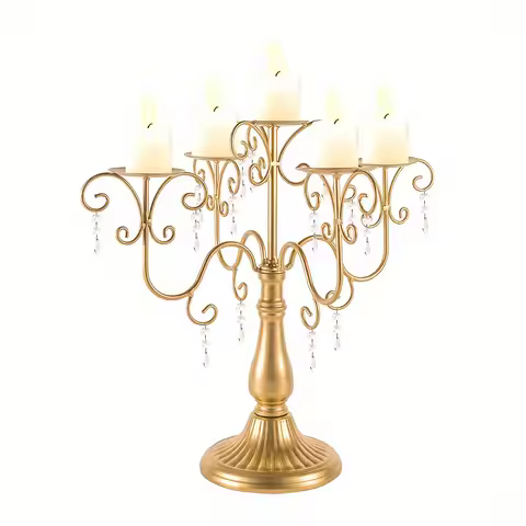 Metal Five Arm Candle Holder Set, 15.3-inch Dining Table Candle Holder Center Piece, Wedding Party H