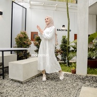 Midi Dress Susun Kerah Renda Katun Rayon Twill Premium Hitam Putih